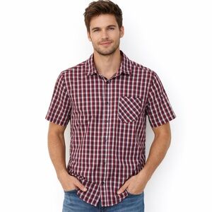 Billabong Men’s Red Black Checkered Button Down Short Sleeve Shirt